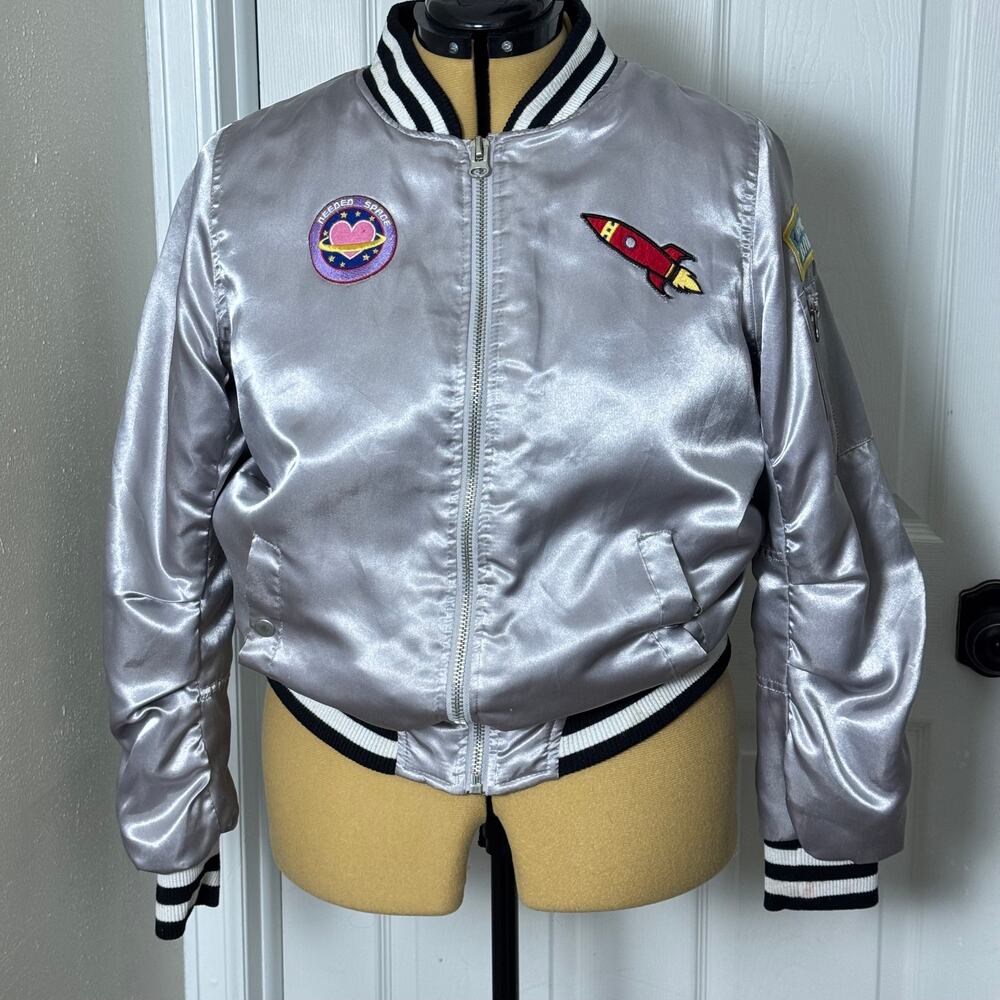 Forever 21 Satin Varsity Bomber Jacket Space Patches MA1 Y2K Size L